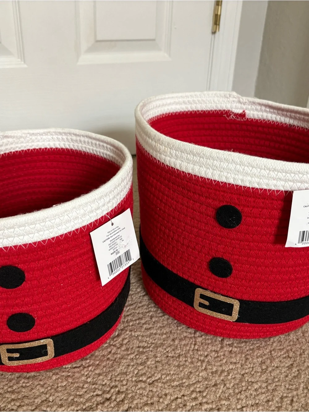 Pair of two Festive Red Santa Belt Rope Woven Baskets